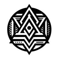 Intricate Black and White Geometric A Symmetrical Composition of Triangles, Lines, and a Circle, Suggesting Modern Abstract Art. vector