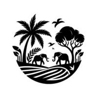 Silhouette of African Elephants in a Tropical Scene with Palm Trees, Birds, and Lush Vegetation within a Circular Frame. vector