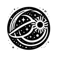 Celestial Emblem Black White Cosmic Featuring Sun, Stars, and Orbiting Elements within a Circular Framework. vector