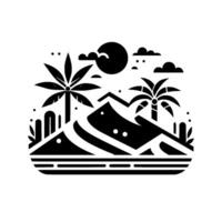 Black White Stylized Desert Landscape Palm Trees, Mountains, Sun, Clouds, and Cactus in Minimalist . vector