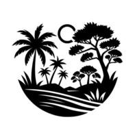 Black and white silhouette of a tropical landscape within a circular frame, featuring palm trees, other trees, grass, hills and the sun. vector