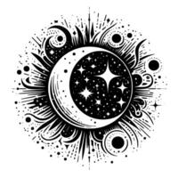 Intricate Black and White Celestial Illustration of a Crescent Moon, Stardust, and Cosmic Elements in a Circular . vector
