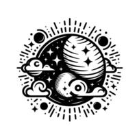 Intricate cosmic illustration depicting a planet, crescent moon, stars, clouds, and celestial bursts within a circular, monochromatic . vector