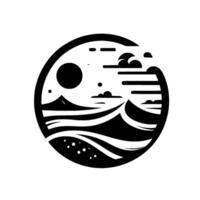 Circular minimalist black and white illustration ocean waves, sun, clouds, and mountains, contained within a circle, conveying a sense of calm. vector