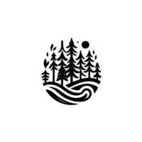 Minimalist Black and White Forest Scene with Pine Trees, Waves, and Sun in a Circle. vector