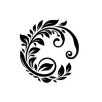 Elegant Black Floral Scrollwork on White, Featuring Swirls, Leaves, and a Decorative Monochromatic Circular . vector