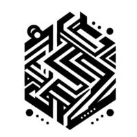 Black and White Geometric Maze Inside a Hexagon with Dots Circles on White Background. vector