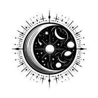 Celestial Compass A Black and White Illustration of a Sun, Crescent Moon, and Starry Spheres within a Circular , with Decorative Border. vector