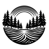 Black and white minimalist landscape emblem featuring stylized evergreen trees, a rainbow, and textured ground within a circular . vector