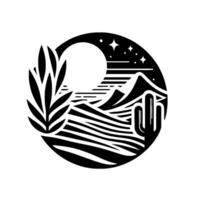 Circular Black and White Illustration Desert Landscape with Moon, Stars, Mountains, Cactus, and Foliage, a stylized night scene. vector