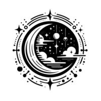 Celestial Emblem Crescent moon, stars, planets, and clouds, encased in a stylized, dotted cosmic circle, black and white. vector