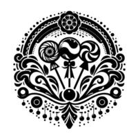 Ornate Black and White Circular Composition featuring Three Lollipop Sweets, Floral Elements and Decorative Border. vector