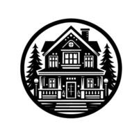 Black and White Illustration of a Classic House, Surrounded by Trees and Encased within a Circular Frame, Evoking Nostalgia. vector