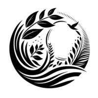 Circular black and white nature emblem featuring leaves, grass, a flying bird, and a subtle landscape evoking serenity. vector
