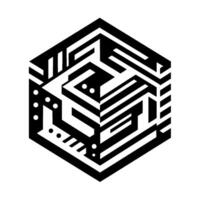 Black and White Isometric Hexagon Composed of Geometric Mazelike Patterns and Dot Accents on White Backdrop. vector