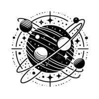 Black and white cosmic illustration featuring a central planet with striped texture, surrounded by orbiting celestial bodies and stylized stars, all within a dotted circular frame. vector