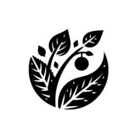 Stylized Black and White Illustration of a Fruit Tree with Leaves and a Single OrbShaped Fruit in a Circular Arrangement. vector