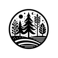 Circular monochrome emblem depicting a stylized forest scene with pine trees, foliage, moon, stars, and hills. vector