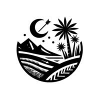 Tribal Art Silhouette of a crescent moon with an arrow, mountains, palm trees, and decorative terrain within a circular frame. vector