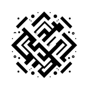 geométrico negro y blanco simétrico modelo compuesto de enclavamiento angular formas y dispersado puntos, en un limpiar blanco antecedentes. vector