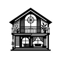 Twostory house illustration with gabled roof, balcony, arch windows, and a round window, in a stark black and white style. vector