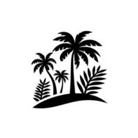 A minimalist illustration showcasing a black silhouette of tropical palm trees and foliage on a curved base against a white background, evoking a sense of serenity. vector