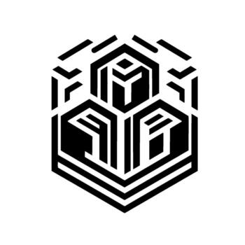 Abstract Geometric Hexagon Composition in Black and White, Featuring Interlocking Shapes and Line Art. vector