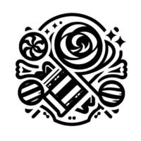 Whimsical Black and White Composition of Candies, Lollipops, and Sugar Treats Arranged in a Circular Pattern. vector