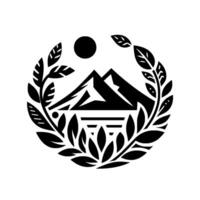 Minimalist black and white emblem depicting mountains, sun, and leaves in a circular composition, symbolizing nature and adventure. vector