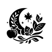 Black White NatureThemed Crest Crescent Moon, Apple, Leaves, Maple Leaf, and Twigs with Stars, . vector