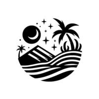 Black and white circular illustration of a tropical night scene featuring a crescent moon, stars, mountains, and palm trees over rolling hills. vector