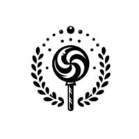 Monochrome Lollipop with Swirls, Laurel Wreath, and Decorative Bubbles on a White Background. vector