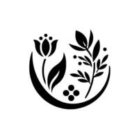 Minimalist Black and White Botanical Featuring a Tulip and Leafy Branch Within a SemiCircular Frame with Dots. vector