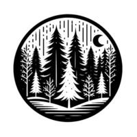 Circular Silhouette of a Pine Forest at Night with Rain, Crescent Moon, and Minimalist Black White Aesthetic vector
