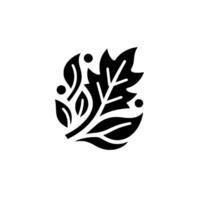 Stylized black and white foliage emblem, featuring an oaklike leaf with veins, surrounded by smaller leaves and berries, against white background. vector