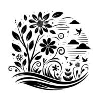 A monochrome floral in a circle featuring daisies, birds, clouds, grass, and a stylized sky, creating a harmonious nature scene. vector