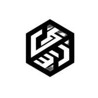 Geometric Abstract Composition of a Hexagonal Badge with Interlocking Black and White Elements on a White Background, Minimalist vector