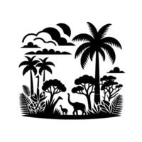 Black and white silhouette of a prehistoric landscape featuring palm trees, various flora, a giraffe, and a Brontosaurus under a cloudy sky. vector
