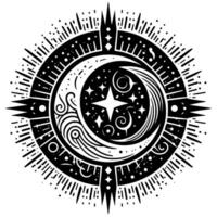 Celestial Mandala A Black and White Artistic Composition Featuring a Crescent Moon, Stars, Swirls, and Radiant Burst. vector