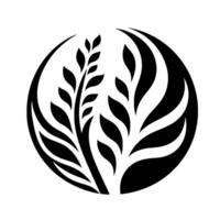 A stylized, monochromatic emblem of wheat stalks and leafy stems, arranged within a circular frame. The evokes natural harmony, purity, and minimalist aesthetics. vector