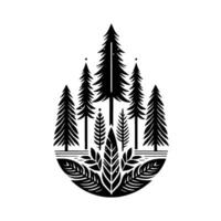 Stylized Black and White Forest Emblem Pine Trees, Foliage, and Abstract Water Drop , Symbolizing Nature and Wilderness vector