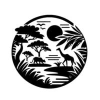 Silhouette of African savanna scene in a circular frame, depicting a sun, birds, giraffe, rhinoceros, trees, grass, and a river. vector