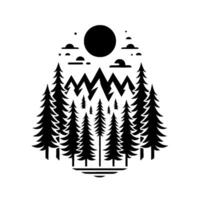 Black and white minimalist of a forest landscape with trees, mountains, moon, and clouds on a white background, evoking serene nature. vector