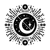 Celestial Mandala Crescent Moon and Stars within a Burst of Light, Geometric and Esoteric Symbolism in Black and White. vector