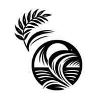 Elegant Black and White Coastal with Stylized Bird, Palm Branch, and Ocean Waves within Circular Composition. vector