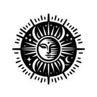 Celestial Yin Yang A symmetrical illustration of a face at the center encircled by the suns rays, moon crescents, stars, and radiating lines. vector