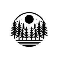 Silhouette of a forest with a full moon inside a circular frame, creating a minimalist and artistic monochrome landscape. vector