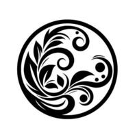 Intricate Black and White Floral Ornament Within a Circle, Featuring Leaves, Swirls, and Dots. vector