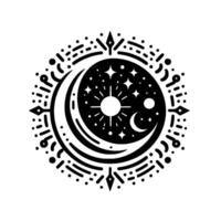 Celestial Black and White Circular Crescent Moon, Stars, Sun, Decorative Border with Geometric and Dotted Elements. vector