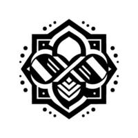 Symmetrical Black and White Geometric Mandala with Intertwined Shapes and Dot Border on White Background. vector